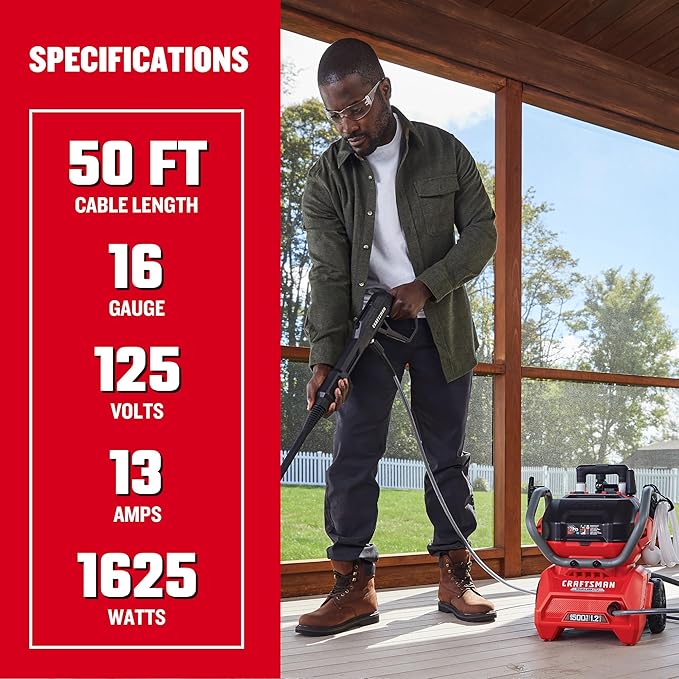 CRAFTSMAN 50 Ft. Indoor/Outdoor Extension Cord 16/3 SJTW, Waterproof Flexible Power Cable with 3-Prong Plug, 13A/1625W/125V, Heavy-Duty Contractor Cord, ETL Certified