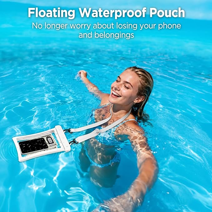 CACOE [Floatable Floating Universal IPX8 Waterproof Phone case 2 Pack-Up to 10.0",Adjustable Lanyard Phone Pouch,Dry Bags for Vacation Beach Pool Kayak Cruise Travel Essentials（White+Light Blue）