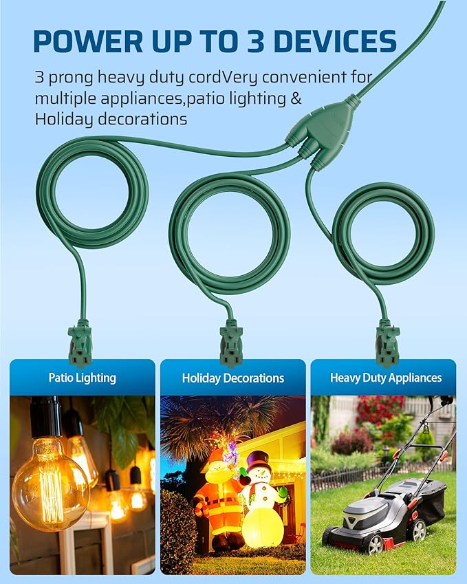DEWENWILS Outdoor Extension Cord Multiple Outlets 45ft, Evenly Spaced 3 Outlets Plugs with Safety Cover, 16/3 SJTW Weatherproof Wire for Outdoor Lights and Holiday Decorations, 1 Pack