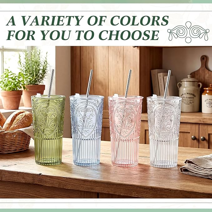 8 Set 20oz Vintage Plastic Tumbler with Lids and Straws Ribbed Floral Drinking Glasses Reusable Iced Coffee Cups for Water Juice Smoothie Cocktail Travel Party Events Gift (Blue)
