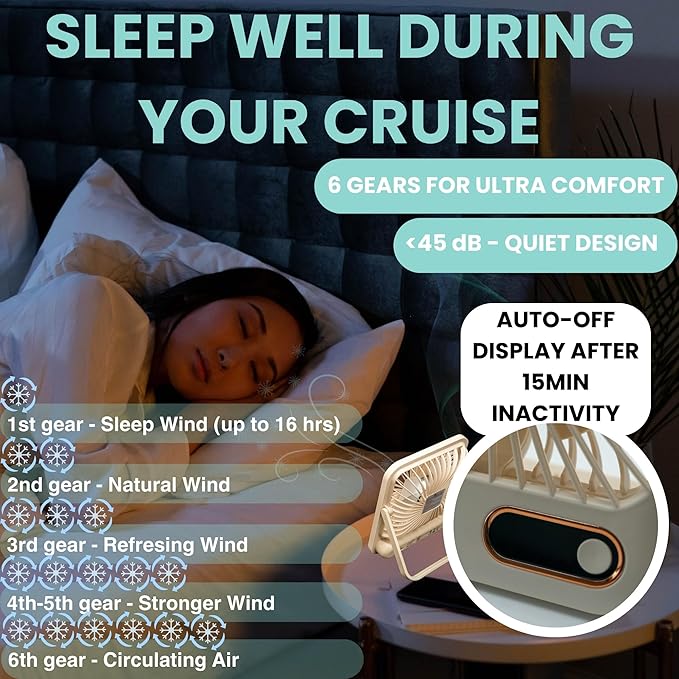 Nordmoose Cruise Ship Approved Fan – Up To 16 Hours Battery Life, USB Rechargeable, Battery-Powered Travel Fan for Sleeping – Magnetic Hook Included for Easy Hanging on Cabin Walls & Ceilings