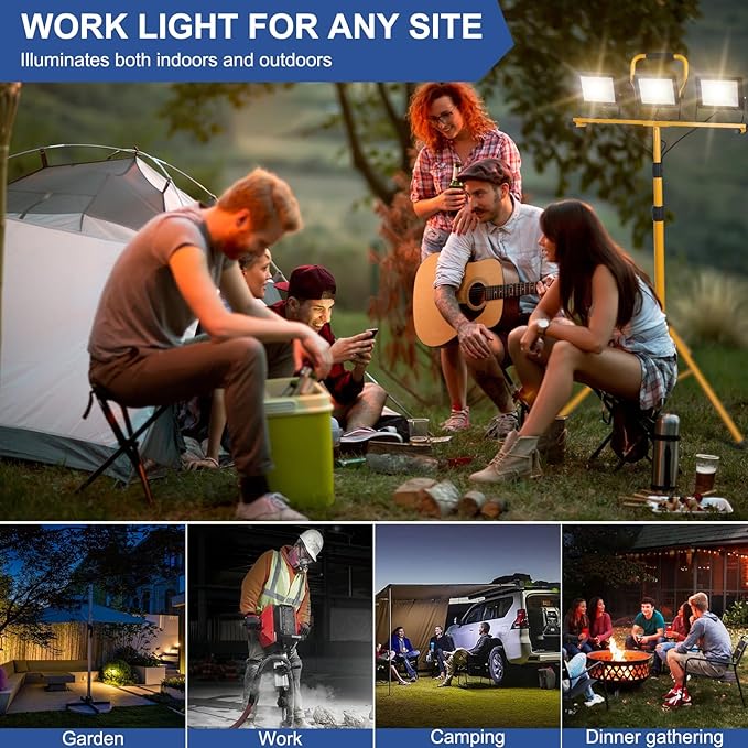 21000Lumens LED Work Lights with Stand, 3 Adjustable Work Lamp Head with Individual Switch, IP66 Waterproof Tripod Work Light for Outdoor Indoor Job Site Workshop Garage Construction Site