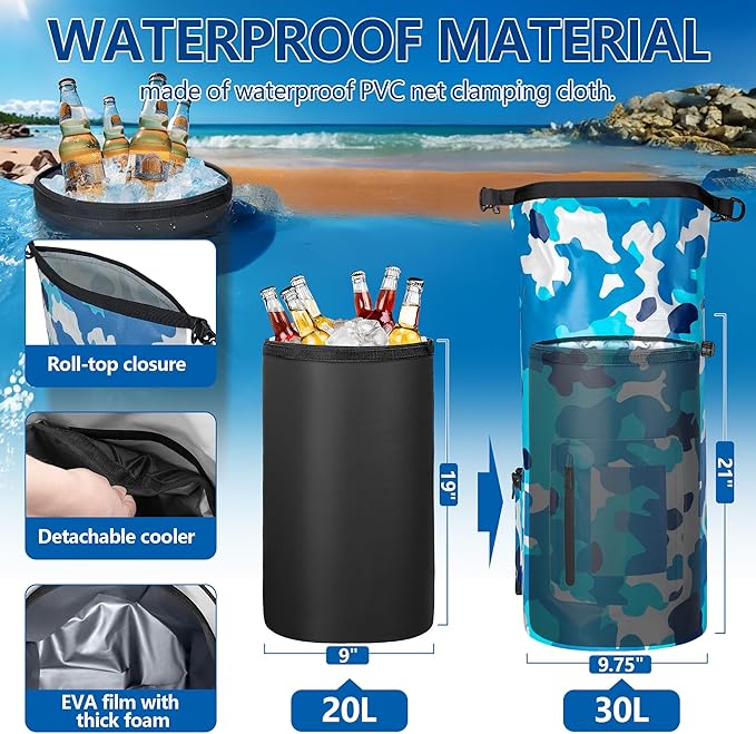 Smasrob 30L Waterproof Dry Bag with 20L Detachable Cooler, Dry Bag Cooler Backpack with Phone Pocket and Bottle Pouch, Suitable for Kayaking, Boating, Camping and Water Activities