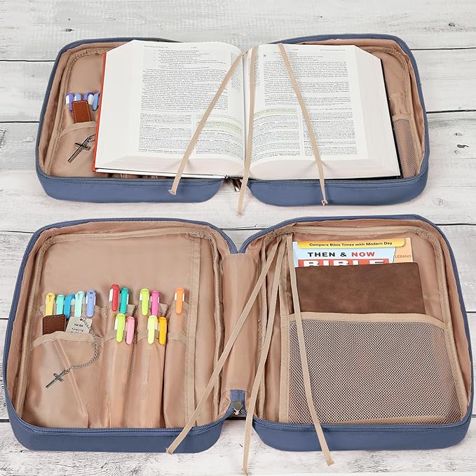 FINDCOZY Bible Cover for Women, Durable Carrying Book Case Church Bag for Biblical Accessories with Handle and Zippered Pocket,Blue-Grey