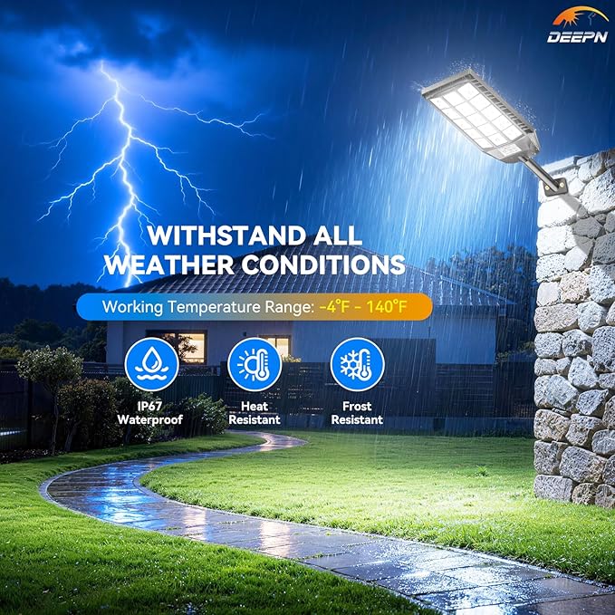Deepn Solar Lights Outdoor Waterproof, Solar Street Lights Outdoor, 6500K LED Dusk to Dawn Security Flood Light Motion Sensor with Remote Control for Yard, Parking Lot, Porch, Garages, Garden, 4 Pack