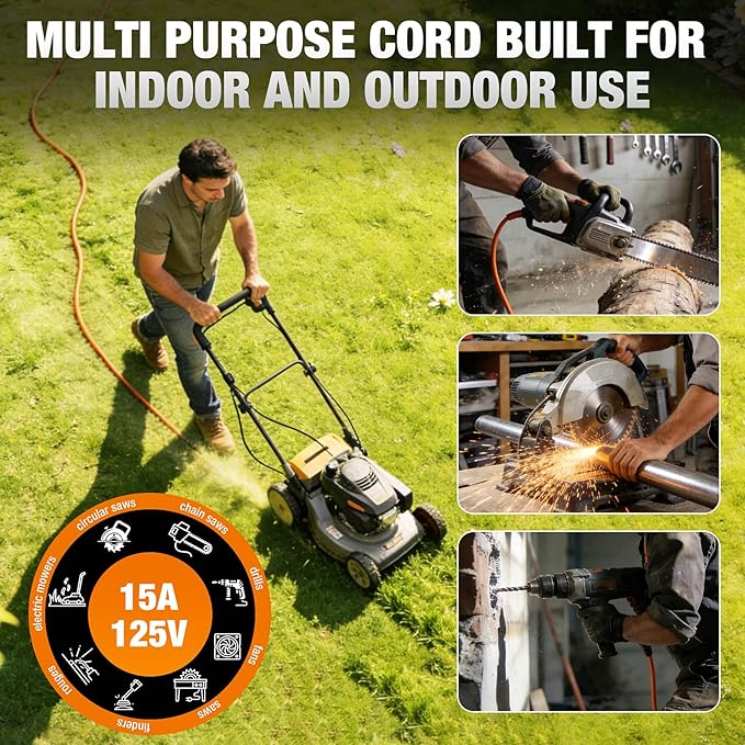 Outdoor Extension Cord 15 FT Waterproof, 12/3 Gauge Heavy Duty 3 Prong Power Cord with Lighted Indicator End, 15A 125V 1875W SJTW, ETL Listed, Great for Lawn/Garden/Home(Black)
