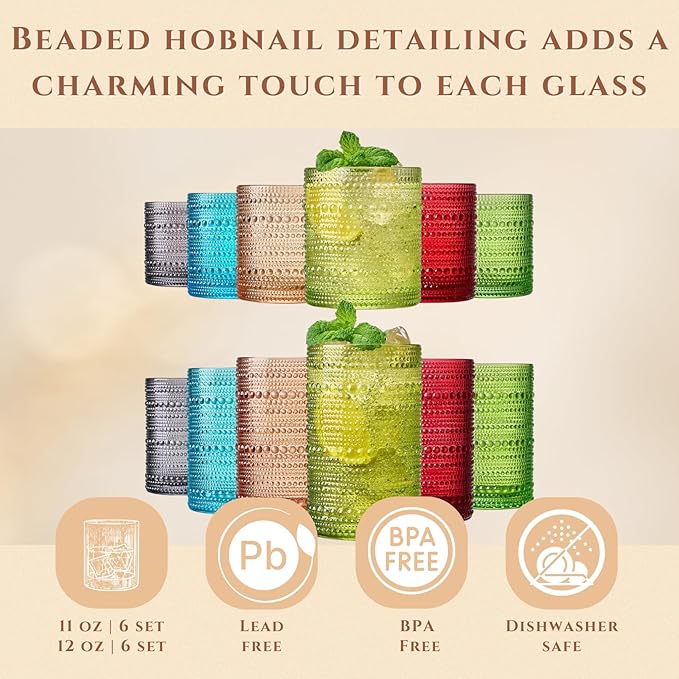 Khen Hobnail Beaded Highball Drinking Tumbler Glasses | Set of 12 | Autumn Colors Vintage Bubble Design Whiskey Glassware, Old-Fashioned, Embossed Design Water, Wine, Cocktail Rocks Glasses
