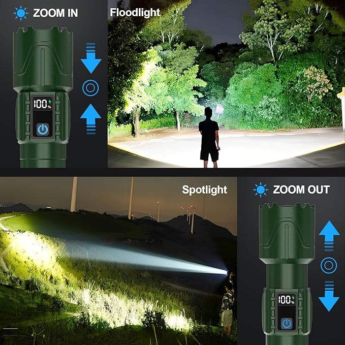 Rechargeable Tactical Flashlights 2000 High Lumens - 5000mAh Super Bright LED Powerful Flash Light, Waterproof Handheld USB C Flashlight for Home,Car,Camping,Emergencies,5 Modes,Zoomable (1, Green)