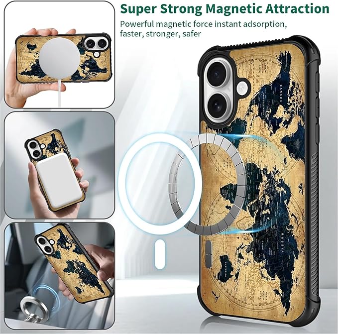for iPhone 17 Case,for MagSafe Graphic Design for Girl Boy Soft Silicone Hard Acrylic Shock Protection Designed for iPhone 17 Brown World Map Pattern