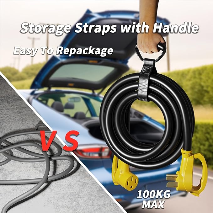 PlugSaf NEMA 14-50P/14-50R 30 FT 50 Amp RV/EV Extension Cord Outdoor with Grip Handle, 4 Prong Flexible Heavy Duty STW RV Power Cord Waterproof, 50A 125/250V 6250/12500W, Black-Yellow, ETL Listed