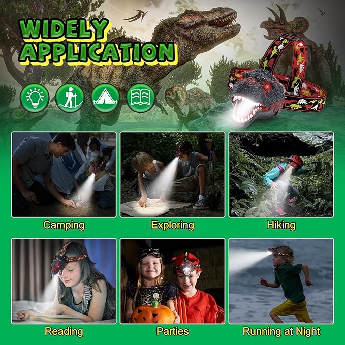 Nitigo Dinosaur Headlamp for Kids Flashlight Rechargeable Led Headlights Roar & Silent Mode, T-Rex Dinosaur Toys for Kids 3-5 4-6 5-7 6-8, Camping Gear, Easter Gifts for Boys Girls Adults