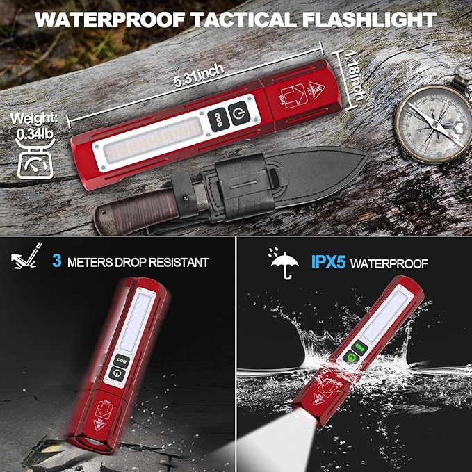 Banral Rechargeable Flashlights High Lumens - Super Bright Small Pocket Magnetic Flashlight, 8 Modes LED Tactical Flash Light, Dual Button Powerful Flashlight for Camping (1, Red)