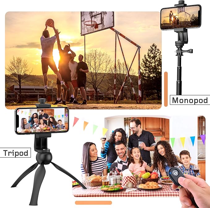 Universal Phone Tripod Mount Adapter with Ｗireless Camera Remote , Cell Phone Holder with Adjustable Clamp for Selfie Stick Monopod Compatible with iPhone, Samsung and so on , Wrist Strap Included