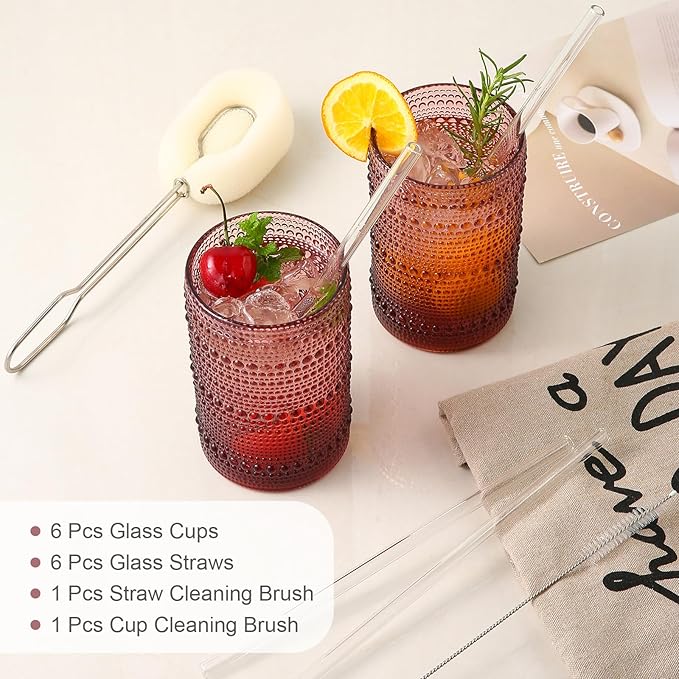 ZMOWIPDL Vintage Glassware Drinking Glasses Set of 6,15 oz Hobnail Glass Cups,Embossed Purple Water Tumbler,for Beer,Cocktail,Whiskey,Juice and Various Mixed Drinks- 1 Cleaning Brush