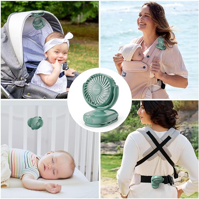 Momcozy Portable Stroller Fan with Clip | 4-Speed Mini-Fan for Carrier | Personal Fans Ultra Light 0.26lb | Gaps ≤4.5mm | Handheld Cooling | Rechargeable Rotate for Diaper Backpack/Table/Chair