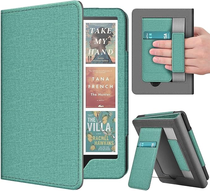 TNP Stand Case with Strap for Kindle Paperwhite 12th Gen 2024 / Kindle Colorsoft Signature Edition - 7" PU Leather Protective Folio Cover with Auto Wake/Sleep & Card Slot, Green