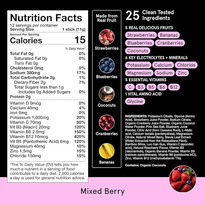 DryWater Electrolyte Powder Packets, Mixed Berry - Hydration Packets Drink Mix with Zero Added Sugar for Rehydration & Energy - 6 Key Electrolytes, 5 Essential Vitamins & 5 Real Fruits - 12 Pack