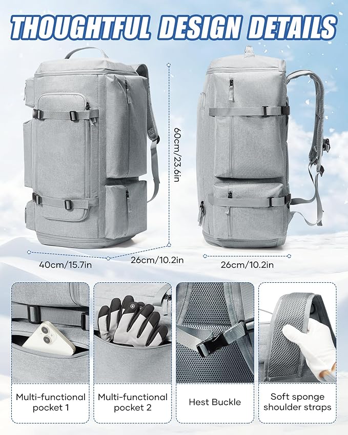 Ski Boot Bag Backpack for Helmet,70L Waterproof Vacuum Backpack Travel,Goggles, Gloves, Skis, Snowboard & Accessories,Snowboard Bag,Grey
