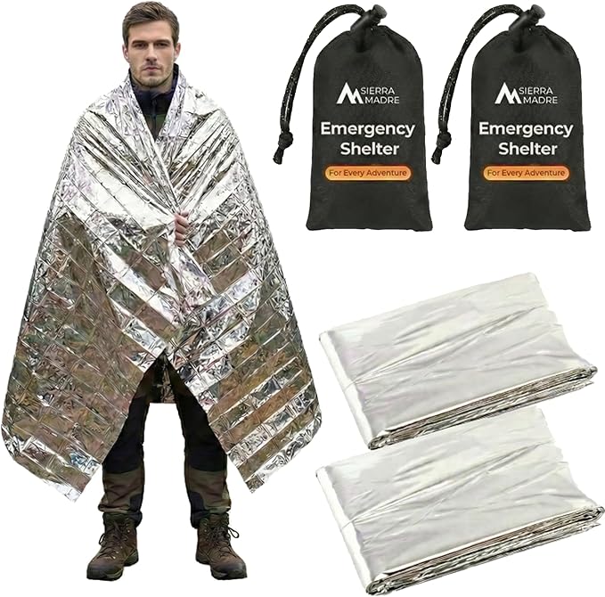 Sierra Madre Emergency Mylar Thermal Space Blanket for Survival – Waterproof Safety Shelter Retains 90% Body Heat – Ultralight & Compact Gear for Camping, First Aid & Prepper Supplies