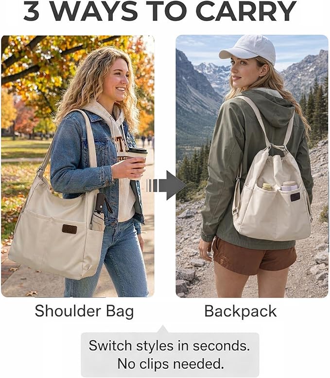 Women's Convertible Backpack Purse - Water-Resistant Nylon Travel Bag - Large Capacity 3-Way Shoulder Tote & Daypack | Convertible, Lightweight, Water-Resistant