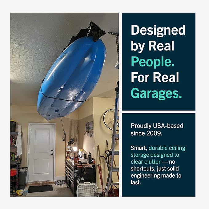 StoreYourBoard Kayak and Canoe Ceiling Hoist – Overhead Garage Storage Rack for Kayaks, Canoes, and Paddle Gear – Heavy Duty Pulley System Indoor Ceiling Mount