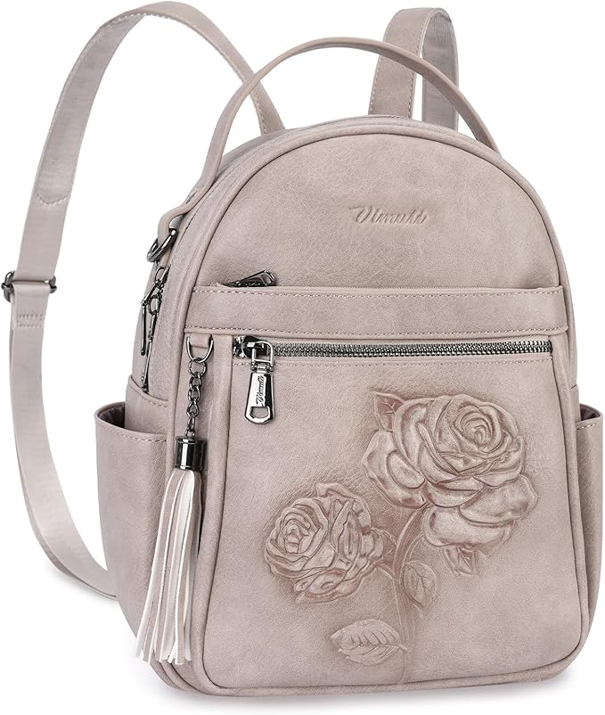 Mini Backpack Purse for Women,Embossed Leather Small Backpack Fashion Travel Backpacks Daypacks Shoulder Handbag (GRAY-Flower)