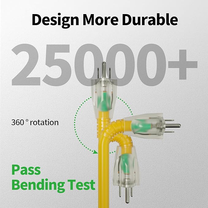 POWGRN 75 Ft 10AWG Outdoor Extension Cord Waterproof Heavy Duty 10 Gauge 3 Prong, Flexible Cold-Resistant Long Power Cord Outside with Lighted Indicator End, 15Amp 1875W SJTW Yellow ETL Listed