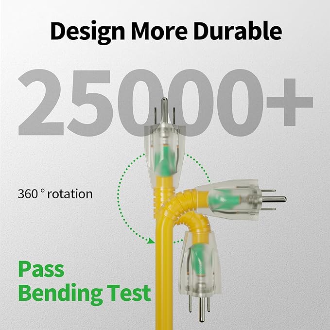 POWGRN 6 Ft 10AWG Outdoor Extension Cord Waterproof Heavy Duty 10 Gauge 3 Prong, Flexible Cold-Resistant Power Cord Indoor & Outside with Lighted Indicator End, 15Amp 1875W SJTW Yellow ETL Listed