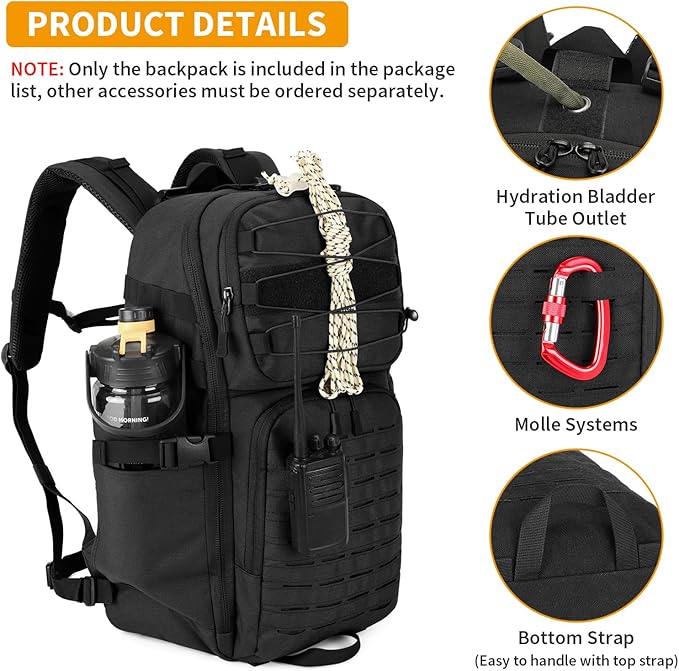 HUNTVP Tactical Backpack for Men 35L Military Backpack MOLLE 1000D Army Daypack 3 Day Bug Out Bag for Work Camping Hiking Outdoor, Black
