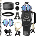 9PCS Black for Stanley Cup Accessories Set Bling Initials Bow Charms for Stanley Decorations 30/40 Oz Tumbler Accessories Including Bow Straw Topper, Handle Strap, Spill Stopper（Letter A）