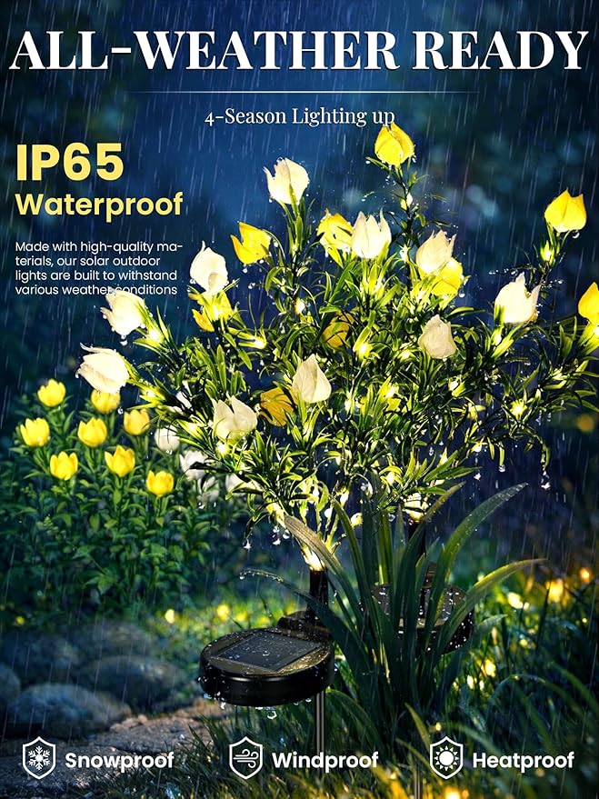GIGALUMI Solar Garden Lights with Gardenias, 2 Pack LED Garden Decor Carefree Solar Flowers Outdoor Waterproof, Yard Decorations Outdoor, Allergy-Free Light up Flowers for Yard Patio (1white+1yellow)