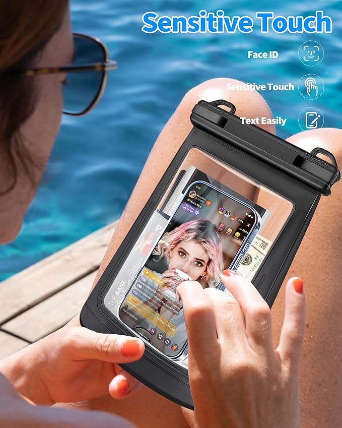 Extra Large Size Waterproof Phone Pouch - [Floating] Water Proof Pouch for iPhone Galaxy Google and More, IPX8 Waterproof Dry Bag for Beach Vacation Belongings Clear Black