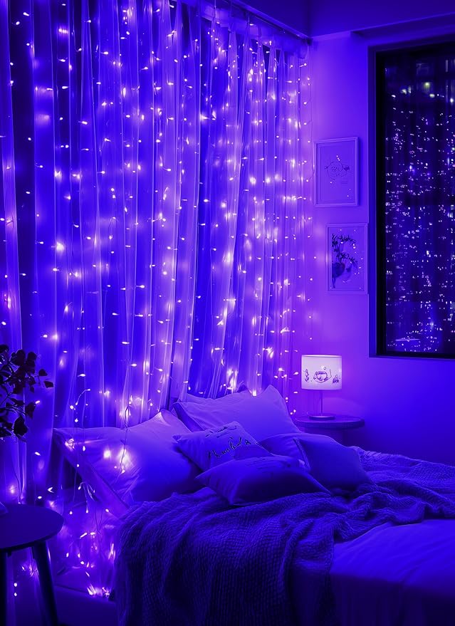 Brightown 300 LED Purple Fairy Curtain Lights, 9.8ft x 9.8ft String Lights, USB Plug in 8 Lighting Modes Christmas String Hanging Lights with Remote for Bedroom Indoor Outdoor Party Xmas Purple 1 Pack