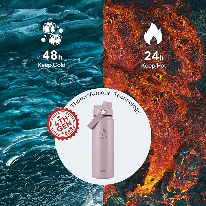 BUZIO 24 oz Water Bottle Insulated, Leakproof Stainless Steel Flask (Cold for 48 Hrs), Wide Mouth BPA-Free Metal Thermo Hydro Canteen with 2 Lids, Purple