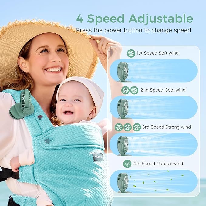 Momcozy Portable Stroller Fan with Clip | 4-Speed Mini-Fan for Carrier | Personal Fans Ultra Light 0.26lb | Gaps ≤4.5mm | Handheld Cooling | Rechargeable Rotate for Diaper Backpack/Table/Chair