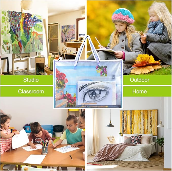 BUSOHA Art Portfolio Bag with Handle and Zipper - 2 PACK 19"X 25" Clear Waterproof Poster Storage Bag for Artworks, Drawing Pads Supplies, Charts and Teaching Material Multipurpose