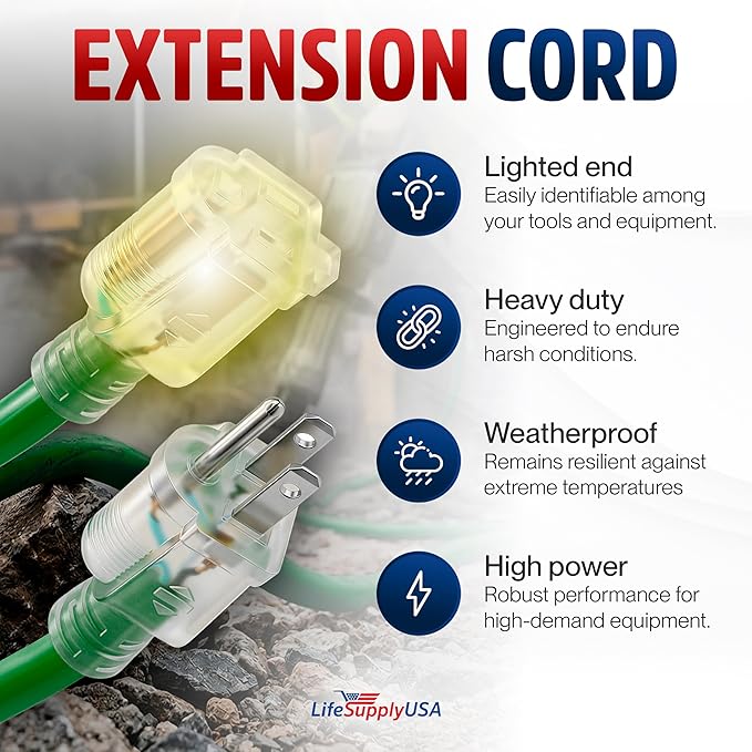 10ft Outdoor/Indoor Extension Cord 16/3 Gauge Heavy Duty 3 Prong SJTW, Waterproof, Flexible Cold-Resistant Long Power Cord,13A 125V 1625W, Green by LifeSupplyUSA