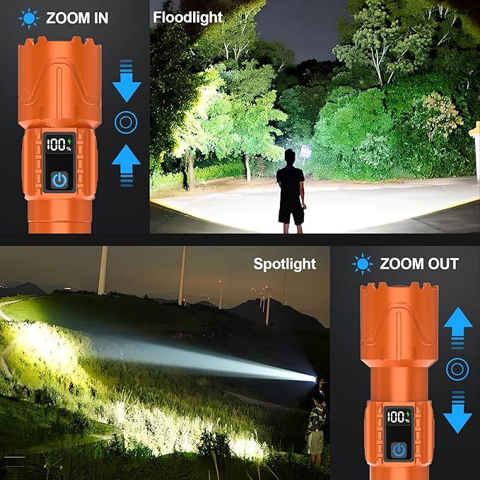 Rechargeable Tactical Flashlights 2000 High Lumens - 5000mAh Super Bright LED Powerful Flash Light, Waterproof Handheld USB C Flashlight for Home,Car,Camping,Emergencies,5 Modes,Zoomable (1, Orange)