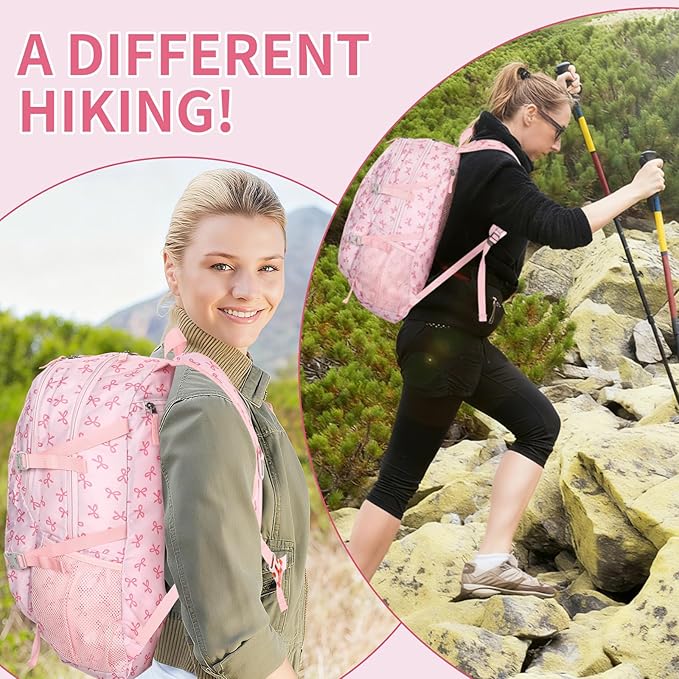 40l Foldable Pink Bow Backpack for Women Pink Waterproof Lightweight Packable Hiking Backpack Coquette Bow Travel Adventure Daypack for Women Gift Camping Travel Business Trip Supply
