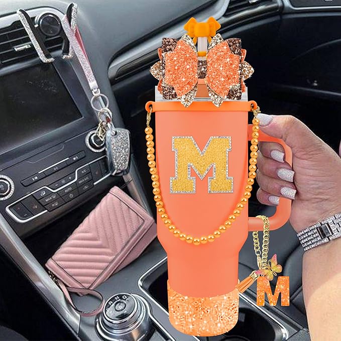 9PCS Orange for Stanley Cup Accessories Set Bling Initials Bow Charms for Stanley Decorations 30/40 Oz Tumbler Accessories Including Bow Straw Topper, Handle Strap, Spill Stopper（Letter M）
