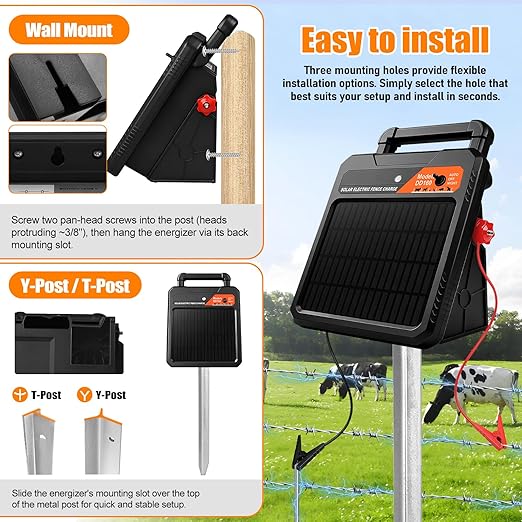 20 Mile Solar Electric Fence Charger, 0.4J Output Solar Fence Kit 10.2 KV Max Voltage, 12V/4.5Ah Battery, Portable Solar Fence Energizer for Livestock & Garden Protection, Includes Alligator Clip
