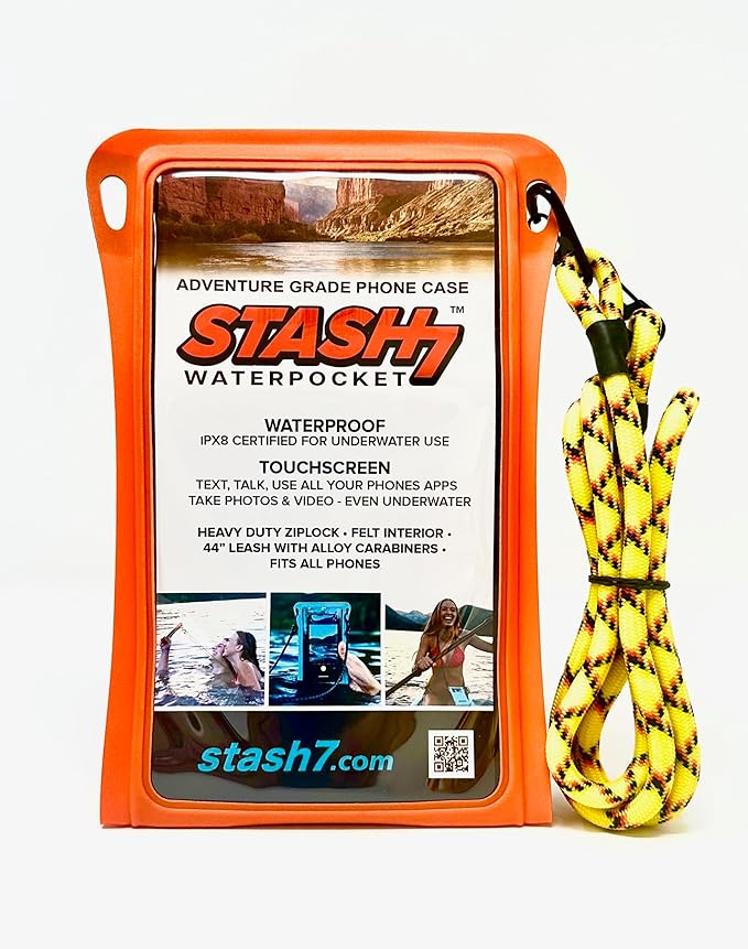 Stash7 Waterproof Phone Pouch w/Long Lanyard | IPX8 Adventure Grade Cellphone Dry Bag Case, Fits iPhone 15 Pro Max,14 Pro Max, 13 Pro Max, XS, XR, Galaxy S21, for Snorkeling, Kayaking, Cruise Orange