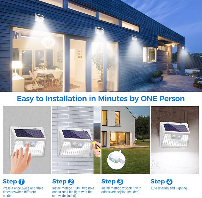 Peasur White Solar Lights Outdoor Waterproof, 8 Pack 140LED Bright Motion Sensor Security Lights 3 Modes, Solar Powered Fence Wall Light for Garden Yard Outside