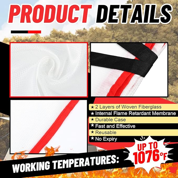 30 Pcs Emergency Fire Blankets for Home and Kitchen 40x40 Inch 10 Fiberglass Fire Suppression Blankets with 10 Fireproof Gloves & 10 Hooks for House Grill Fireplace Camping Car Warehouse Safety