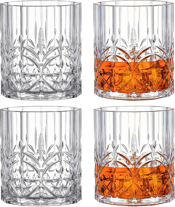 Hlukana Unbreakable Plastic Whiskey Glasses Set of 6, 14 Oz Old Fashioned Glasses for Scotch Cocktail Rum Bourbon Vodka Liquor, Unique Gifts for Men, Reusable, Clear, BPA-free, Dishwasher Safe
