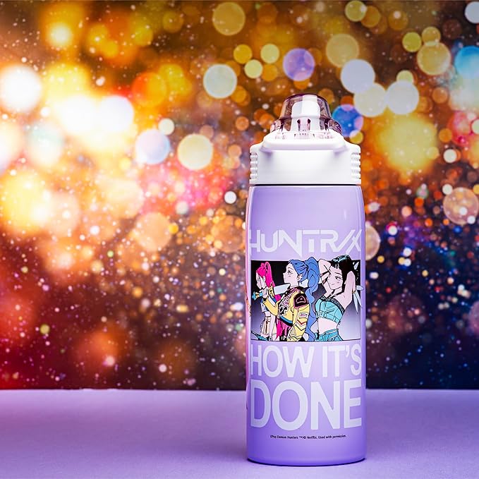 Zak Designs KPop Demon Hunters Sage Kids Water Bottle For School or Travel, 19oz Stainless Steel Water Bottle With Straw, Handle, and Leak-Proof, Pop-Up Spout Cover (Rumi, Mira, Zoey)