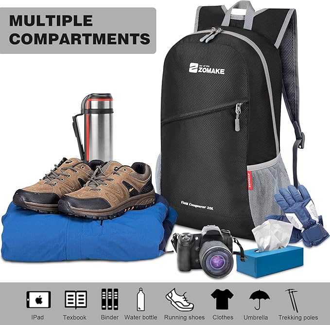 ZOMAKE Lightweight Packable Backpack, Foldable Backpacks Small Daypack for Hiking Water Resistant Day Bag for Travel(Black)