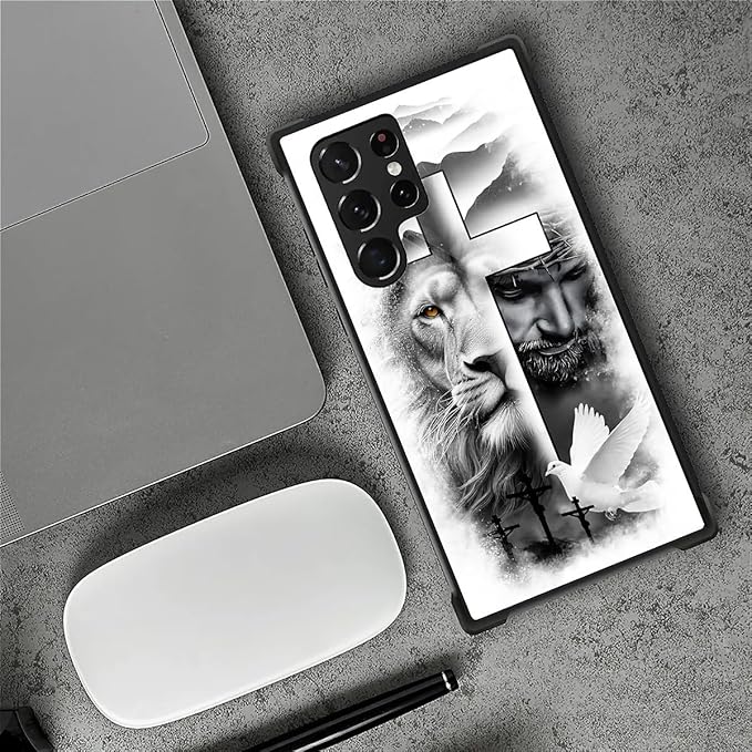 for Samsung Galaxy S22 Ultra Case, Lion Cross Jesus Christ Dove Pattern Graphic Design Girl Boy Soft Silicone Hard Acrylic Shock Protection for Samsung Galaxy S22 Ultra