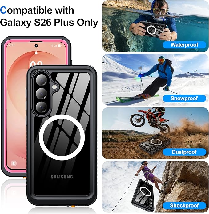 ANTSHARE IP68 Waterproof Case for Samsung Galaxy S26 Plus [2026] - MagSafe Compatible, Built-in Screen/Lens Protector - Shockproof Full Body Protection for Swimming/Outdoor, Pink/Clear