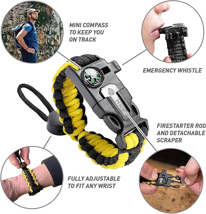 HR8 Paracord Survival Bracelet (3 Pack) – Adjustable Paracord Bracelets, Hunting Gear with Fire Starter, Compass, Whistle & 12ft 550 Cord – Camping & Hunting Essentials (Black, Camo, Yellow)